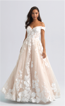 An off the shoulder and lacy wedding dress inspired by Snow White