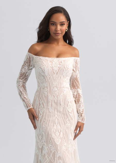 An off the shoulder and long sleeved wedding dress inspired by Jasmine from Aladdin 