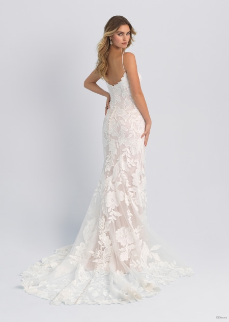 The back of a sleeveless and lacy wedding dress inspired by Rapunzel from Tangled