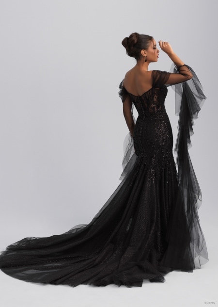 The back of a black wedding dress featuring long and gauzy sleeves inspired by Ursula from The Little Mermaid