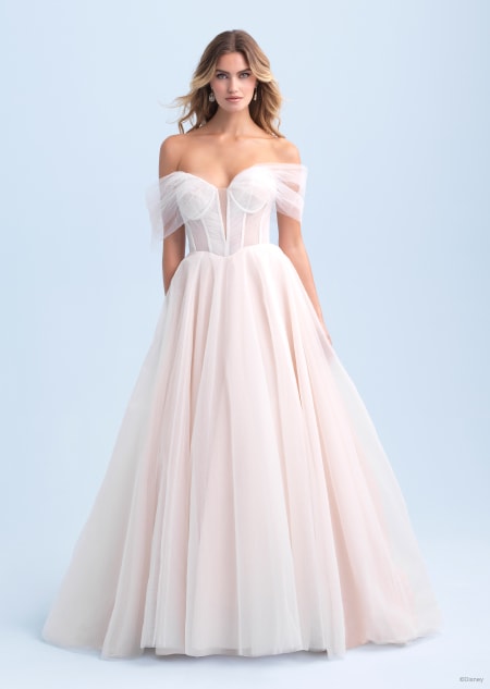 An off the shoulder wedding dress inspired by Aurora from Sleeping Beauty