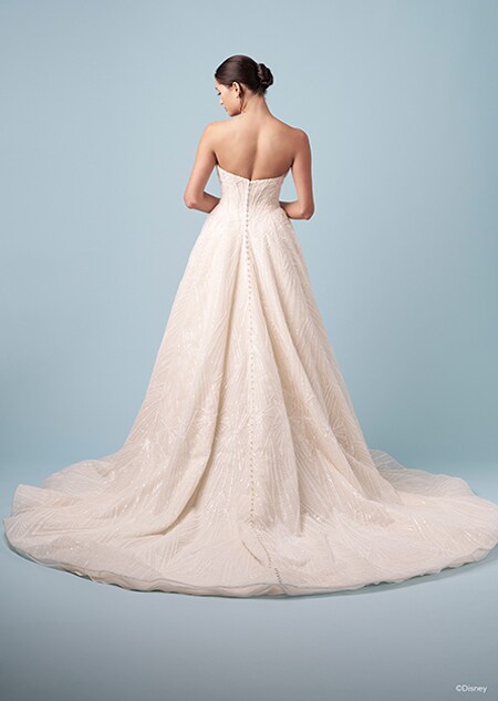 The back of a bride wearing a strapless Tiana inspired A line gown