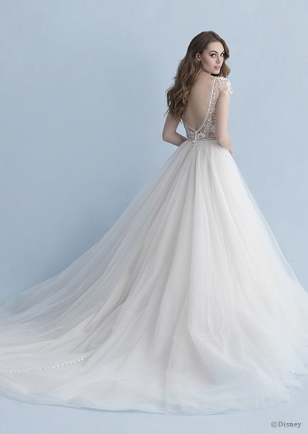 A back side view of a woman wearing the Cinderella wedding gown from the 2020 Disney Fairy Tale Weddings Collection