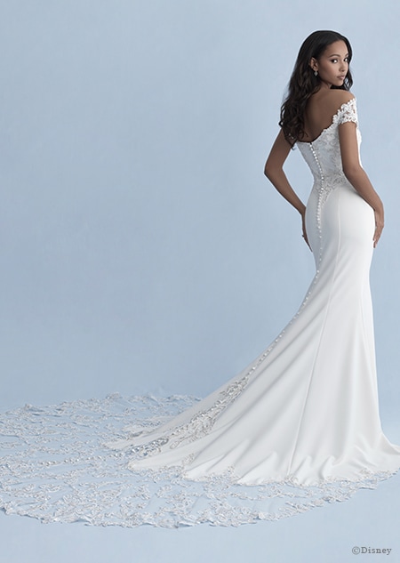 A back side view of a woman wearing the Jasmine wedding gown from the 2020 Disney Fairy Tale Weddings Collection