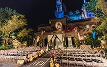 Chairs, flowers and an altar set up in front of the Hollywood Tower Hotel