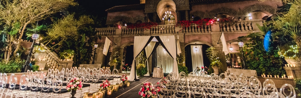 Chairs, flowers and an altar set up in front of the Hollywood Tower Hotel