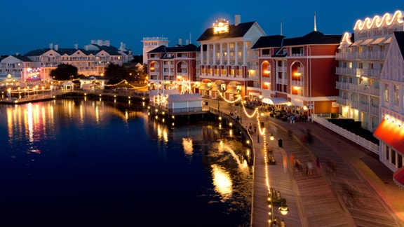Disney's BoardWalk Inn and the surrounding BoardWalk area at night