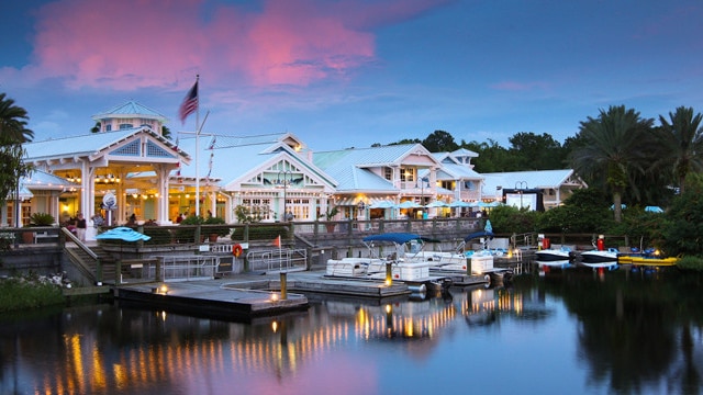 Boats docked at a harbor at Disney's Old Key West Resort at sunset