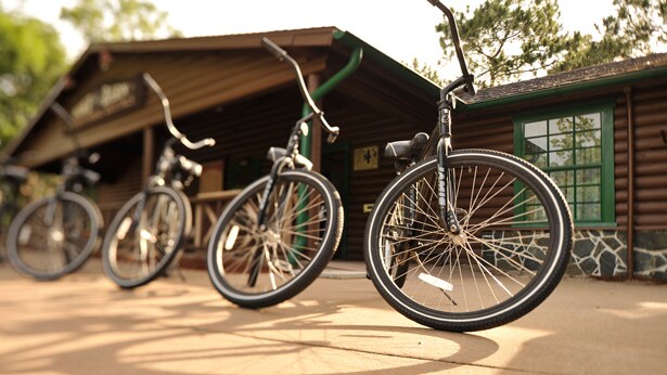 Bicycles lined up in front of the recreation center at Disney's Wilderness Lodge in Florida