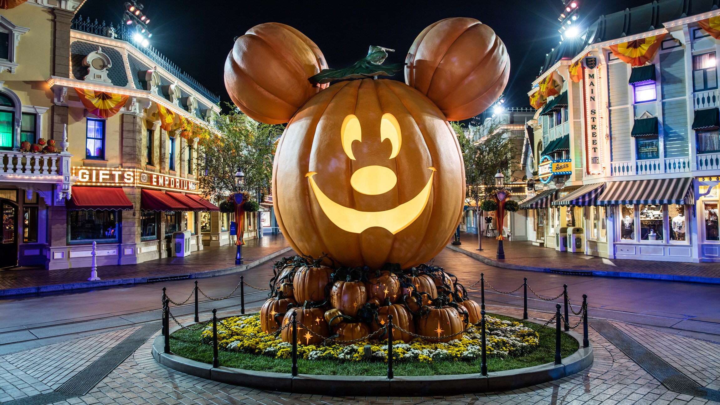 A giant Mickey Mouse inspired jack o lantern on Main Street, U.S.A. in Disneyland Park