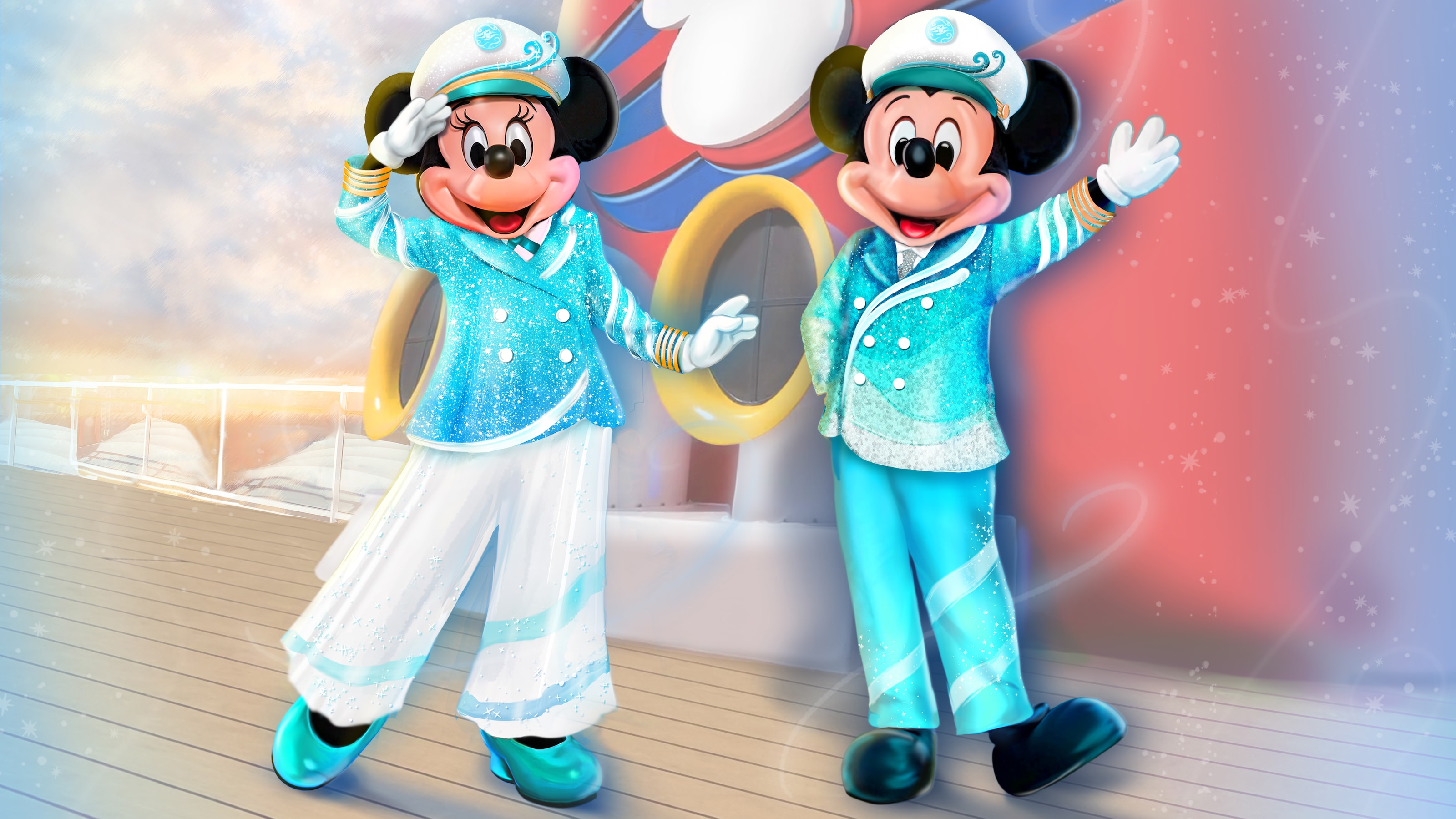 ディズニー・クルーズラインの客船のデッキで挨拶をするミニーと手を振るミッキーのイラスト