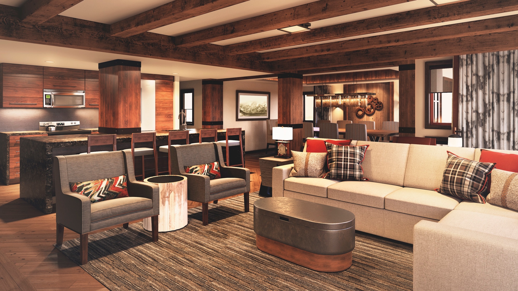 The living area, dining area and kitchen of a Disney Vacation Club Resort villa