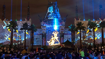 Guests watch the Star Wars Galactic Spectacular in front of the Grauman's Chinese Theatre that has state of the art effects of Darth Vader, Princess Leia and Luke Skywalker projected on its exterior