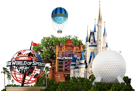 ESPN Wide World of Sports Complex logo, The Twilight Zone Tower of Terror, Cinderella Castle and Spaceship Earth