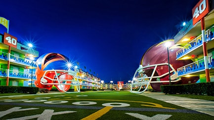 Giant helmets in the football-themed area of Disney's All-Star Sports Resort