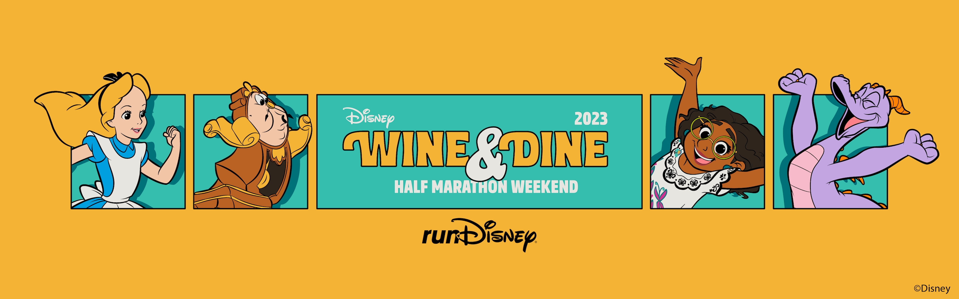 Logo for Disney Wine and Dine 2023 Half Marathon Weekend with the characters Alice from Alice in Wonderland, Cogsworth from Beauty and the Beast, Luisa from Encanto, and Figment from the Journey Into Imagination with Figment attraction at EPCOT.