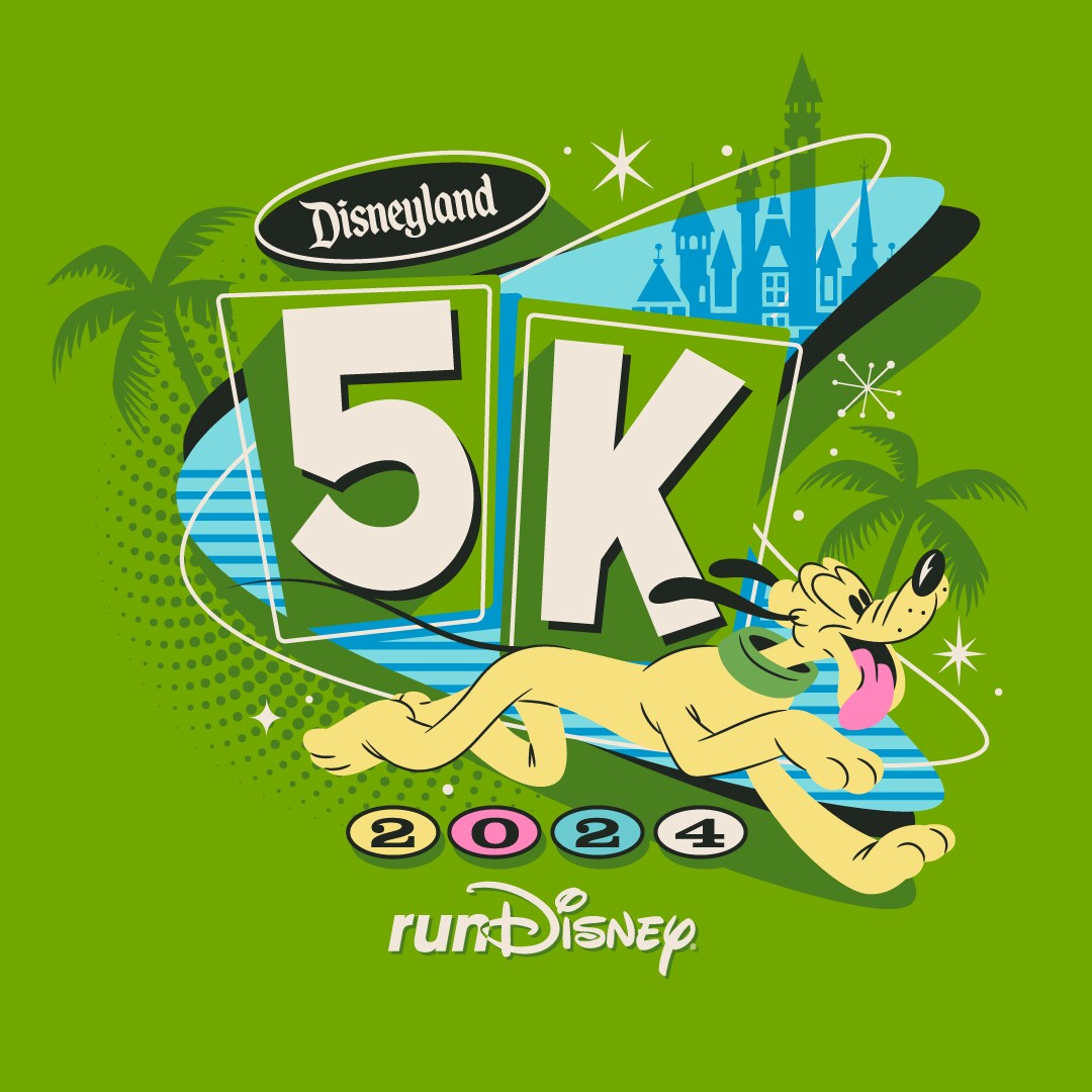 A graphic for the Disneyland 5 K featuring artwork of Pluto running