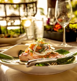 A plate of salmon with vegetable garnishes set on a table